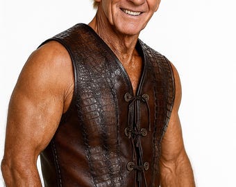 Men’s Crocodile Dundee Inspired Brown Leather Vest – Outback Cowboy Western Waistcoat for Costume, Cosplay & Casual Wear