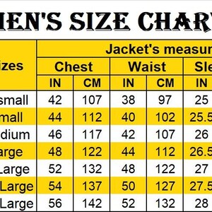 Puede incluir: Tabla de tallas de chaquetas para hombre en amarillo y negro, con medidas en pulgadas y cent&iacute;metros. Muestra medidas de pecho, cintura, mangas y hombros, de X-small a 3X-large.