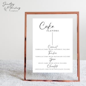 Minimalistisches Cake Flavors-Schild, einfaches Hochzeitsmenü, druckbares Dessert-Schild, Selbstbearbeitungsvorlage in Canva