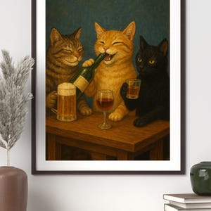 おもしろ猫バーアートプリント - ワイン、ビール、ウイスキーを飲む3匹の猫 - 擬人化された動物の絵画 - 気まぐれな猫の壁飾り