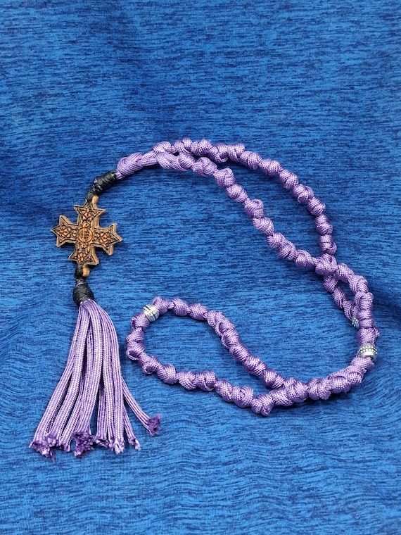 64-knot Purple Paracord Orthodox Prayer Rope, Oak Wood Coptic