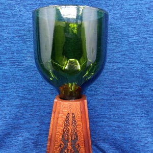 Wood and Glass Goblet, Burned Celtic Knot, Viking Sea Creature Design, Reclaimed Glass from Wine Bottle, Cherry Wood, All Natural Finish