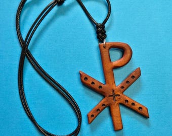 Chi Rho Necklace Wooden Handmade, Christian Symbol Wood Cross Pendant ...