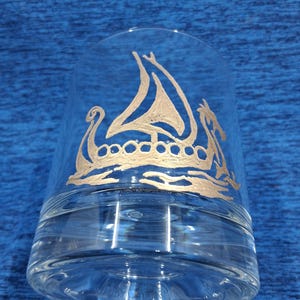 Hand Etched Viking Ship Whiskey Glass: Norse Pagan Design