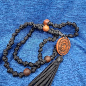 Orthodox Prayer Rope: Black Paracord, Cherry Wood Icon & Byzantine Cross