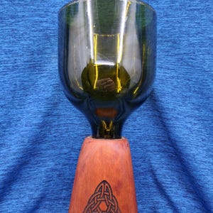 Wood and Glass Goblet, Burned Celtic Knot Design, Reclaimed Glass from Wine Bottle, Cherry Wood, Natural Finish, Food Grade Polymer
