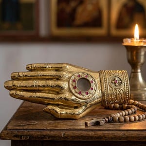 May include: A golden hand sculpture with intricate details, featuring a decorative wrist cuff and a circular embellishment with red accents. A wooden rosary and a candle holder are also visible.