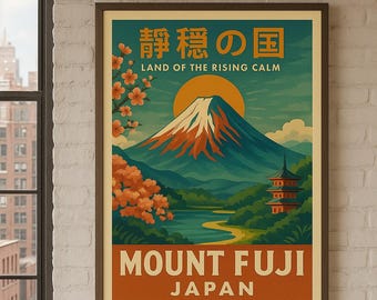 Mount Fuji Travel Poster – Retro Japan Wall Art, Vintage-Style Printable, Cherry Blossom Landscape – Digital Download