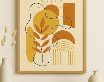 Abstract Boho Wall Art Print – Modern Terracotta & Mustard Printable Poster – Mid Century Plant Line Art for Living Room or Bedroom Decor