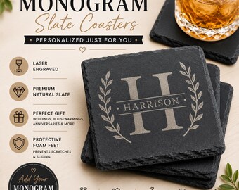Set of 4 Personalized Engraved Slate Coasters, ADD YOUR LOGO, Laser Engraved Coasters, Housewarming Gift, New Home