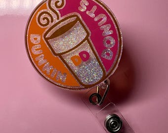 Pink & Orange Coffee Badge Reel | Glitter Coffee Cup ID Badge Holder | Handmade Acrylic Badge Reel | Nurse Badge | Teacher Gift