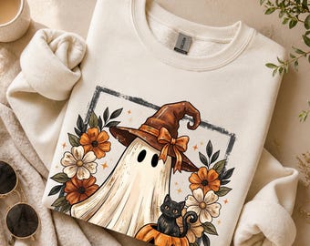 Ghost Black Cat Halloween Sweatshirt | Witch Hat Pumpkin Graphic Crewneck