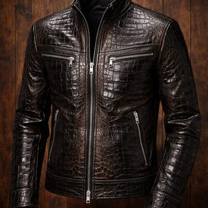 Puede incluir: Chaqueta de cuero marrón con textura de piel de cocodrilo. La chaqueta tiene cremallera frontal, múltiples bolsillos con cremallera y cuello alto. Se muestra sobre un fondo de madera.