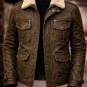 May include: A brown distressed leather jacket featuring a cream-colored faux shearling collar, a front zipper closure with snap buttons, four front flap pockets with metal hardware, and adjustable buckled straps at the cuffs.