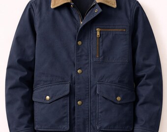 Men’s Navy Canvas Jacket with Corduroy Collar, Vintage Workwear Coat, Durable Utility Jacket, Casual Fall Winter Outerwear