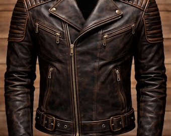 Herren Vintage Distressed braune Lederjacke | Biker Style Motorradjacke | Handgemachte Echt Leder Mantel | Slim-Fit-Retro-Jacke für Männer