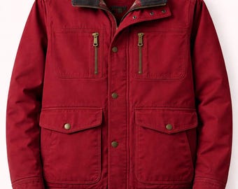 Men’s Burgundy Utility Jacket, Waxed Canvas Style Coat, Corduroy Collar Outerwear, Minimal Workwear Jacket, Gift for Him