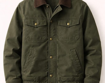 Dark Green Cotton Jacket for Men, Casual Field Jacket, Corduroy Collar Coat, Winter Outerwear, Vintage Style Mens Jacket