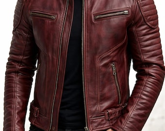 Maroon Vintage Leather Jacket Men, Distressed Biker Jacket, Slim Fit Moto Jacket, Quilted Shoulder Leather Coat, Retro Style