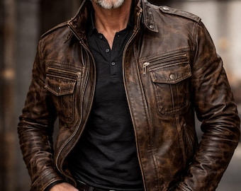 Vintage Brown Leather Jacket Men Distressed Biker Jacket Slim Fit Motorcycle Jacket Retro Style Winter Outerwear Gift for Him