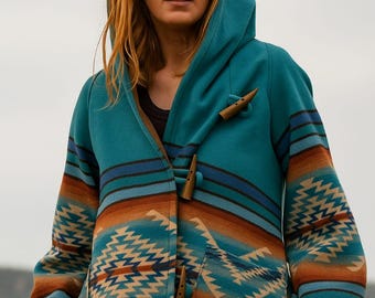 Frauen Kelly Reilly Beth Dutton Serie 03 Blau mit Kapuze Türkis Azteken-Mantel - Frauen Western Boho Fleece-Jacke, Tribal Print Poncho Style Mantel
