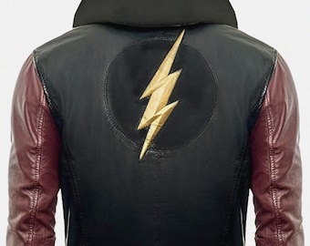 Der Blitz Blitz Echt Leder Superheld Schwarz und Rot Barry Allen Hoodie Jacke