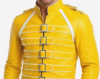 Herren Freddie Merkur Boho Rhapsody Konzertkönigin Gelbe Kunstlederjacke Halloween Cosplay Style Outfits