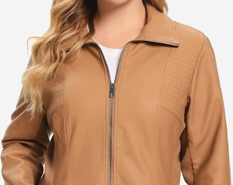 Damen Kunstlederjacke, lässige Mode Gesteppter Reißverschlussmantel mit elastischer Rippe Braun