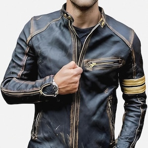Distressed Café Racer Black Leather Jacket Men - Genuine Lambskin Leather Biker Style Mens Vintage Motorcycle Jacket