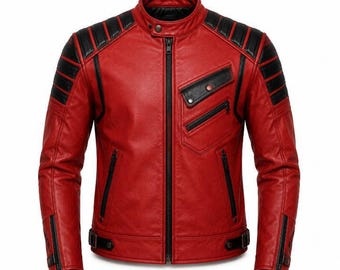 Men's Red Leather Motorcycle Jacket, Minimalist Cafe Racer Jacket, Genuine Leather Biker Jacket, Racing Style Coat for Men