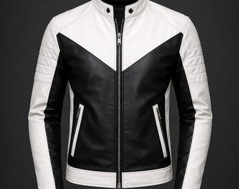 Men’s Black White Leather Jacket, Arctic Line Biker Jacket, Modern Motorcycle Jacket, Two Tone Leather Jacket, Slim Fit Rider Coat