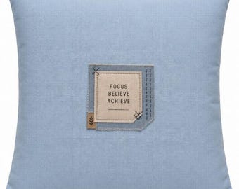 Powder Blue Cotton Cushion Cover with Motivational Patchwork | Minimalist Throw Pillow Cover | Handmade Decorative Pillow Case