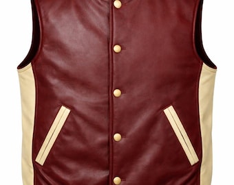 Kastanienbraune Leder Varsity Weste Jacke, Ärmellose Letterman Style, Vintage College Jacke, Unisex Lederweste