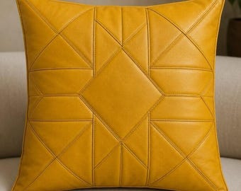 Mustard Yellow Leather Cushion Cover, Geometric Patchwork Pillow Cover, Modern Square Throw Pillow, Handmade Home Decor Gift