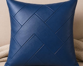 Blue Genuine Leather Cushion Cover, Geometric Throw Pillow Cover, Modern Leather Pillow Case, Square Sofa Cushion Cover