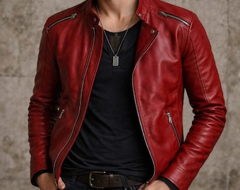 Men’s Red Leather Jacket, Gen Z Streetwear Biker Jacket, Slim Fit Moto Jacket with Shoulder Zippers, Urban Style Coat