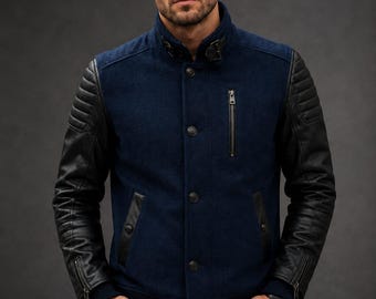 Men's Varsity Jacket Black Leather Sleeves Blue Wool Body, Bomber Jacket, Letterman Style Coat, Casual Winter Jacket, Gift