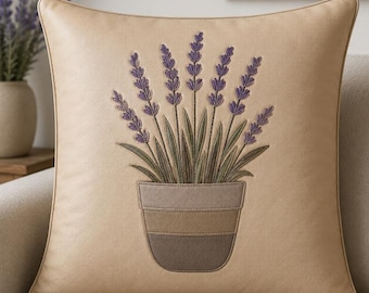 Beige Leather Cushion Cover with Lavender Flower Design, Handmade Decorative Pillow Cover, Botanical Home Decor, Luxury Sofa Pillow