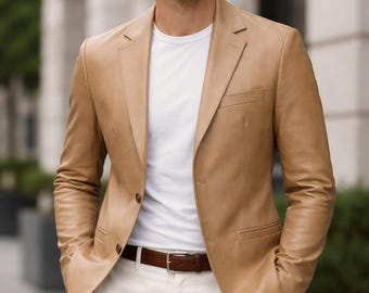 Minimalist Beige Leather Jacket Men, Tailored Leather Blazer, Classic Slim Fit Coat, Modern Casual Formal Outerwear
