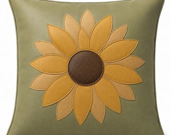 Sage Green Leather Cushion Cover with Sunflower Patchwork, Handmade Floral Pillow Case, Rustic Boho Home Decor Accent