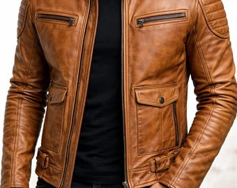 Tan Vintage Leather Jacket Men, Distressed Biker Jacket, Slim Fit Moto Coat, Retro Style Leather Jacket, Quilted Shoulder Jacket