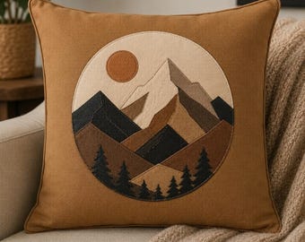 Camel Brown Cotton Cushion Cover, Mountain Patchwork Pillow Cover, Rustic Throw Pillow, Nature Decor, Modern Farmhouse Cushion