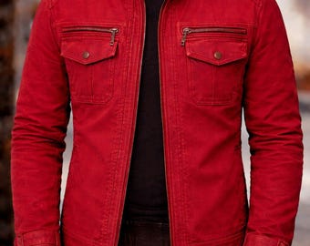 Red Cotton Lightweight Jacket for Men, Casual Slim Fit Utility Jacket, Vintage Style Zip Up Coat, Everyday Streetwear Outerwear