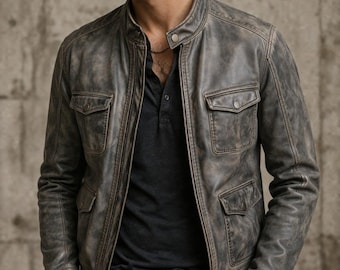 Men’s Distressed Grey Leather Jacket, Vintage Style Biker Jacket, Slim Fit Handmade Leather Coat, Rugged Streetwear Outerwear