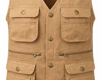 Hellbraune Baumwoll-Nutzweste für Herren, Safari-Angeln-Arbeitsjacke mit mehreren Taschen, verstellbarer Rücken aus Segeltuch im Freien