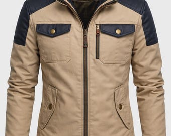Beige Blue Cotton Jacket Men, Casual Bomber Jacket, Color Block Mens Jacket, Lightweight Cotton Coat, Streetwear Jacket for Men