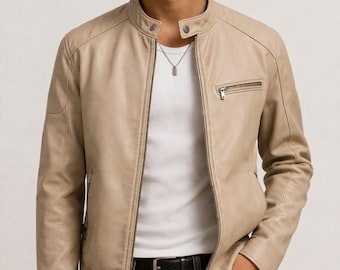 Beige Leather Jacket Men, Gen Z Streetwear Jacket, Minimalist Biker Coat, Trendy Casual Fashion Gift for Him