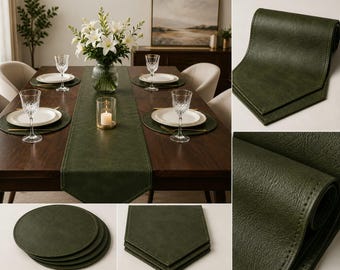 Genuine Leather Table Runner Set, Green Leather Dining Table Decor, Table Runner 13"× 72"(33 × 183 cm) Round Placemats 13"diameter(33 cm)