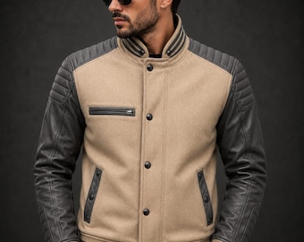 Mens Beige Grey Varsity Jacket, Leather Sleeve Bomber Jacket, Wool Letterman Jacket, Casual Winter Coat, Gift for Him