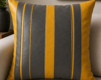 Gray Yellow Leather Cushion Cover, Modern Vertical Stripe Pillow Cover, Geometric Throw Pillow, Handmade Leather Home Decor